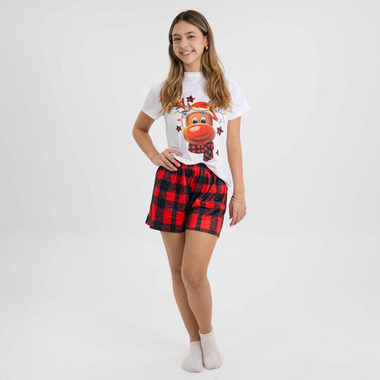 PIJAMA CUADROS ROJOS PARA MUJER (CAMISETA Y SHORT)