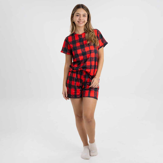 PIJAMA CUADROS ROJOS PARA MUJER (CONJUNTO SUBLIMADO SHORT)